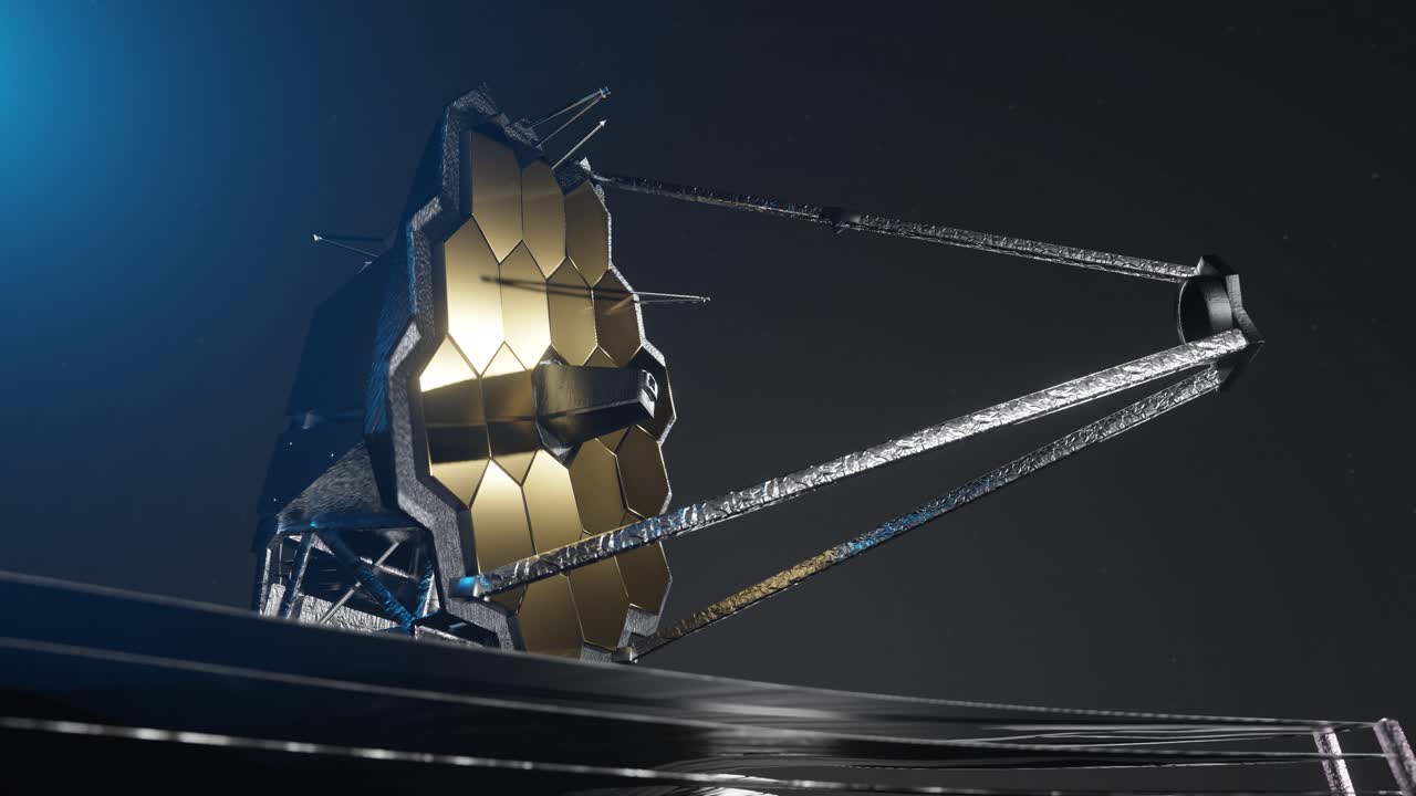 3D animation showing the James Webb telescope's large golden mirror segments