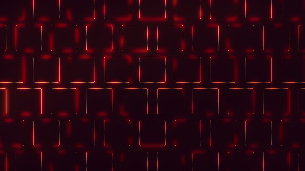 Dynamic abstract footage of a seamless red neon square grid glowing on a dark background, ideal as a futuristic technology backdrop for presentations, promos, music visuals and digital interfaces
