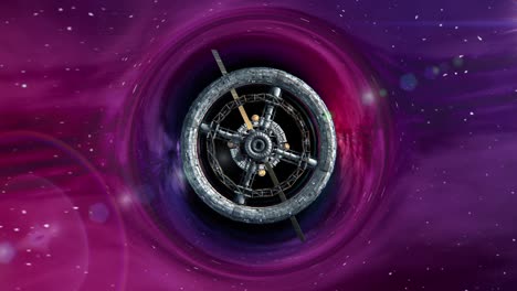 vuelo a través de las puertas de la estación espacial de ciencia ficción en el fondo de agujero negro, pantalla verde, animación 3d