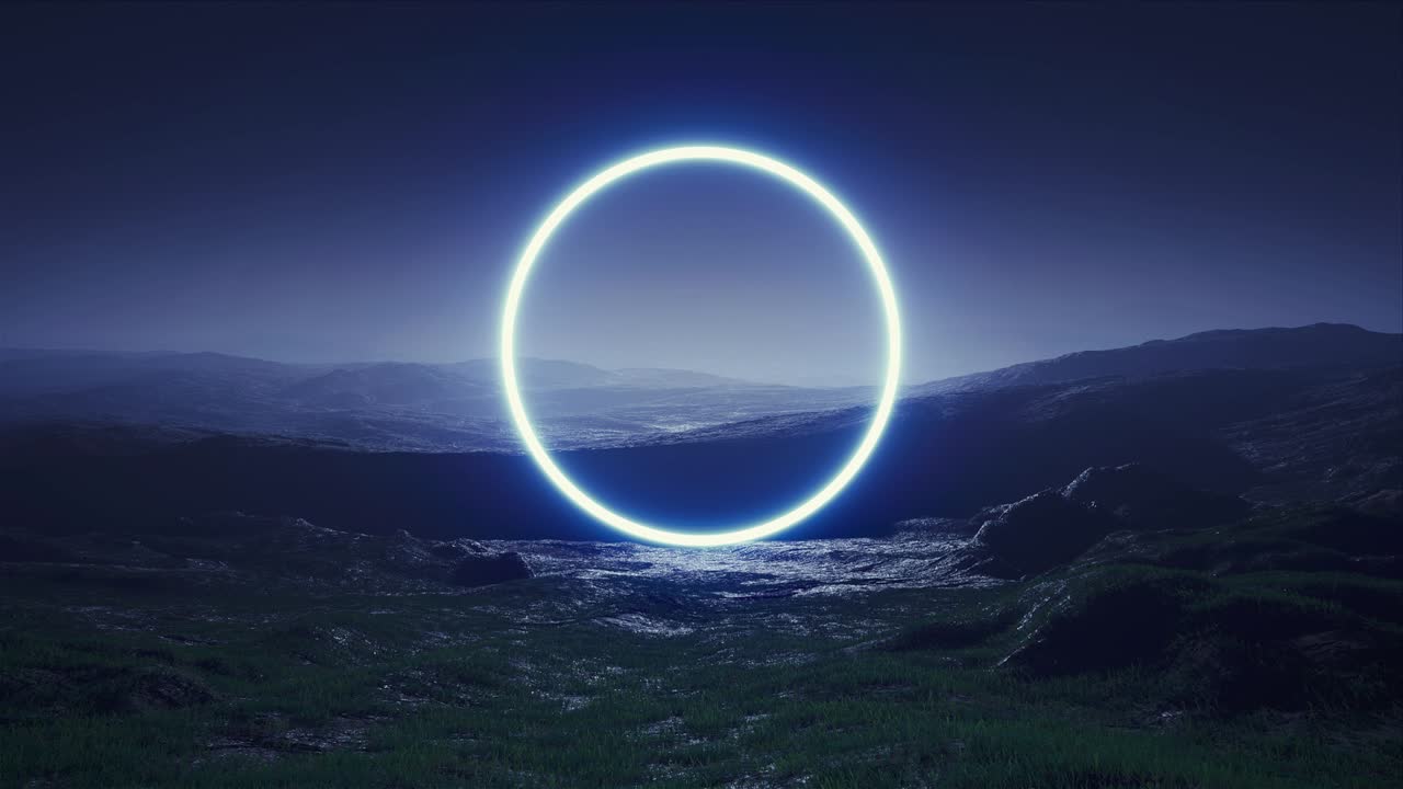 Luce circolare blu sul paesaggio notturno nebbioso 4K.