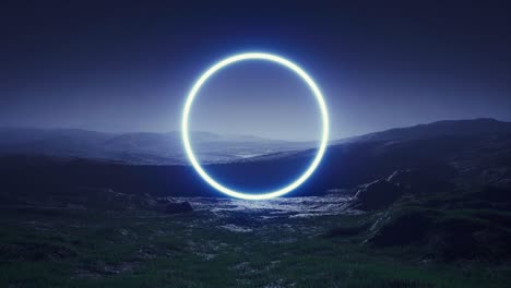 blue circle light on the night foggy landscape 4k