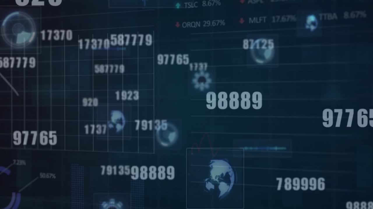 múltiples números cambiantes y escáneres redondos contra un fondo azul
