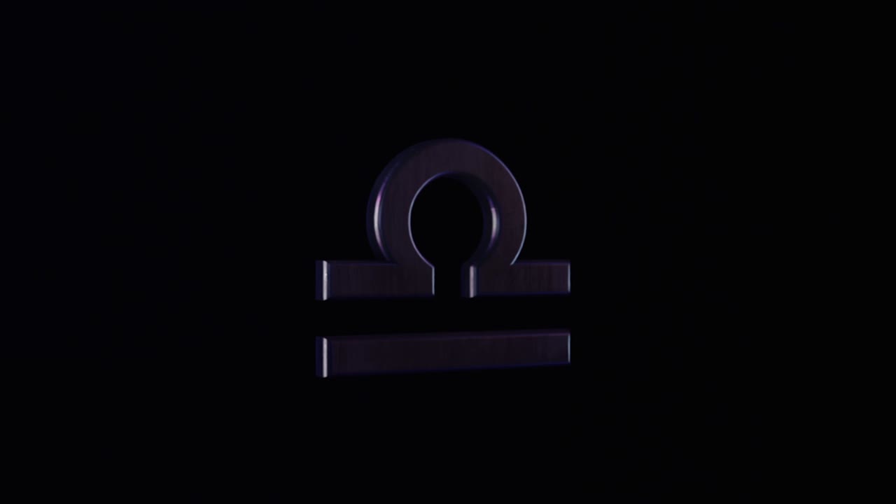 abstracto signo del zodiaco libra de color lila oscuro moviéndose sobre un fondo negro, bucle sin costuras. animación. símbolo astrológico del elemento aire que fluye en la oscuridad