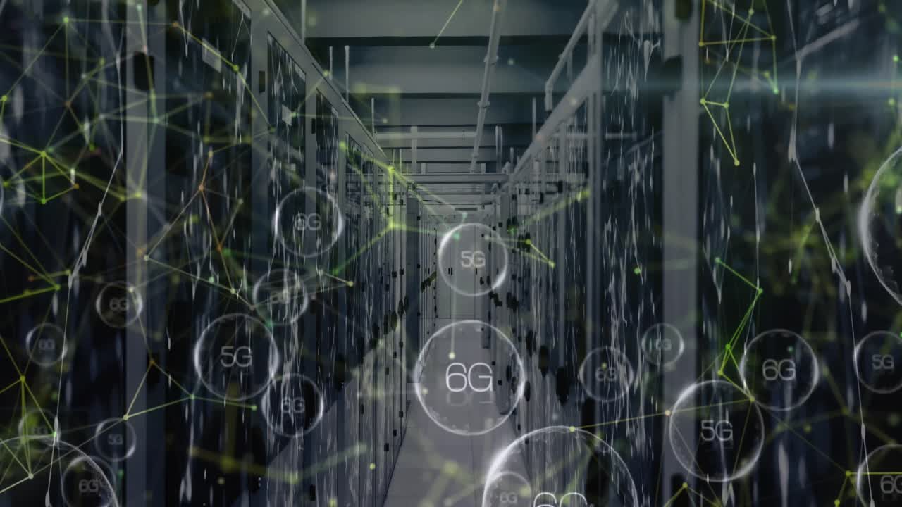 animación de formas y textos 6g sobre la sala del servidor