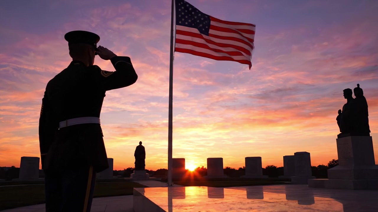 En højtidelig militær hilsen ved solnedgang, mens det amerikanske flag vajer stolt, hvilket indfanger ærbødigheden og æren ved tjeneste mod en baggrund af en fantastisk himmel.