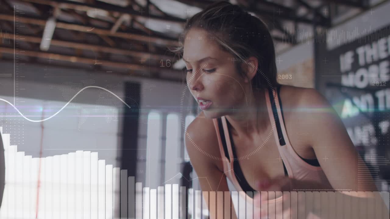 Female athlete leaning on rail shielding eyes as charts and waveforms intensifying fitness metrics