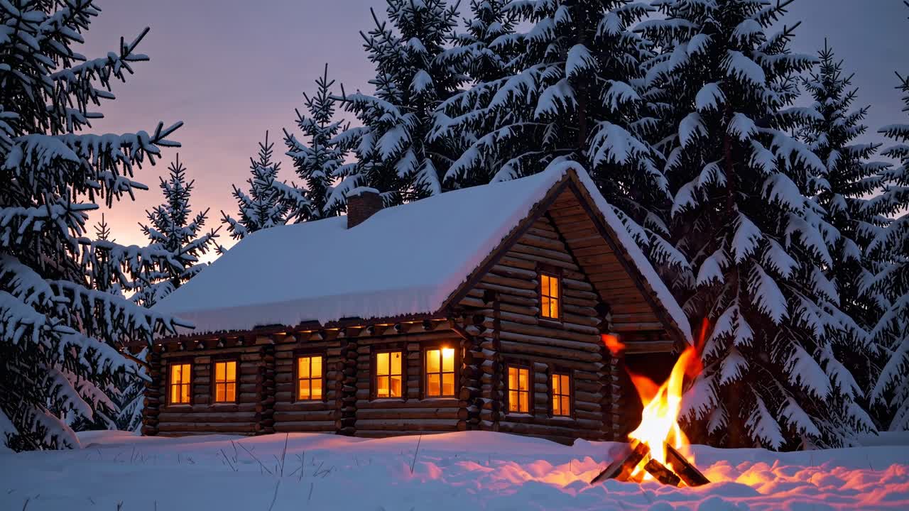 Cozy log cabin in snowy forest at dusk, warm lights glowing