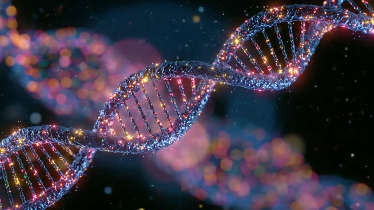 Doppia elica di DNA colorata che ruota attraverso uno sfondo molecolare scuro