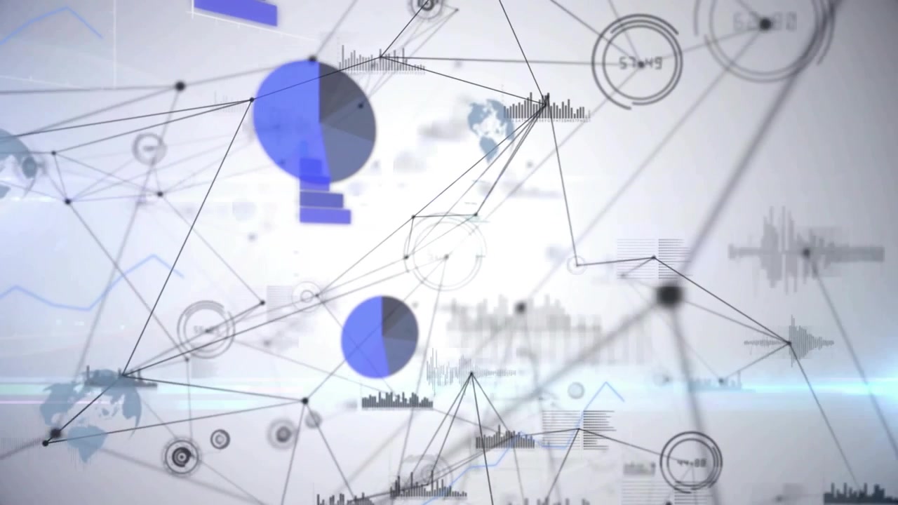 Camera moving forward, data network connecting nodes and growing pie charts, aiding designers