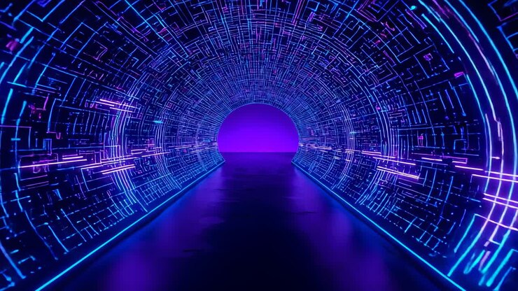Camera che scivola in un tunnel digitale illuminato al neon, mostrando modelli mutevoli verso una sfera viola