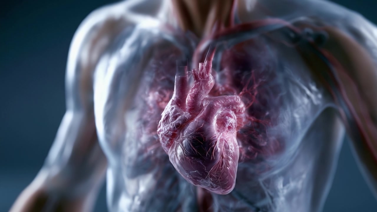 Illustrazione anatomica di un cuore umano: Visualizzazione dettagliata che mostra le strutture intricate e le vene che circondano il cuore all'interno del corpo umano.