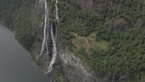 slow aerial circular shot around the seven sisters waterfall and knivsflå farm, geiranger fjord