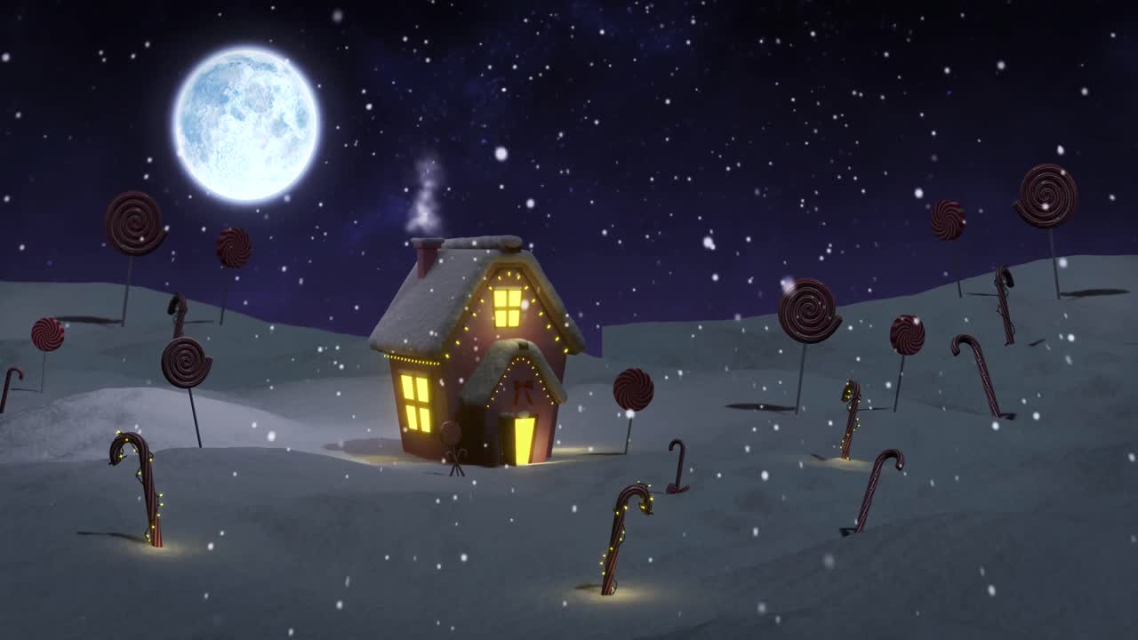 animación de la cabaña de navidad en invierno por la noche con bastones de caramelo, piruletas, luna y nieve cayendo.