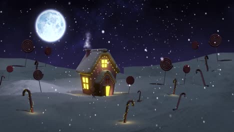 Animation-of-christmas-cottage-in-winter-at-night-with-candy-canes,-lollipops,-moon-and-falling-snow