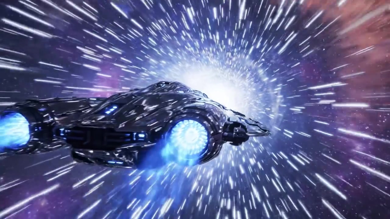 Un'Astronave Futuristica Accelera Attraverso un Vortice di Luce ed Energia, Catturando l'Essenza Emozionante del Viaggio Interstellare e dell'Avventura Cosmica