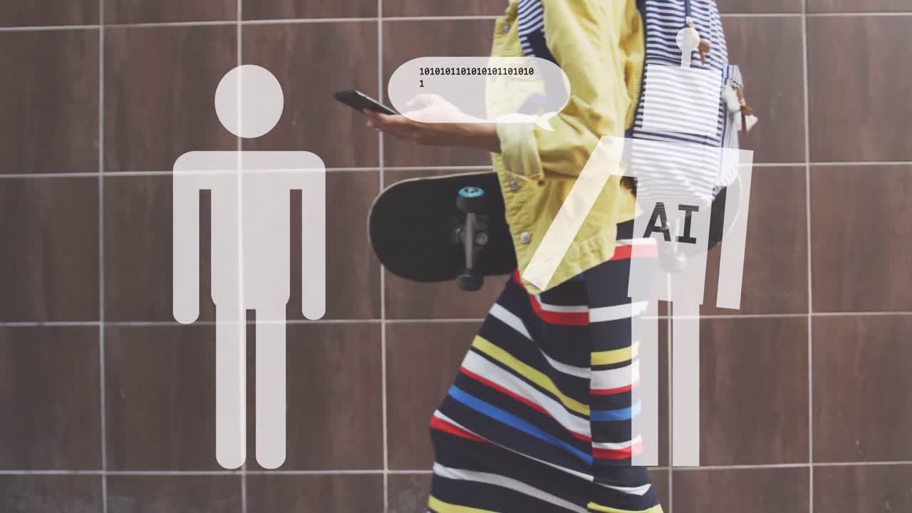 스마트폰을 사용하는 백인 여성에 대한 ai 데이터 처리의 애니메이션