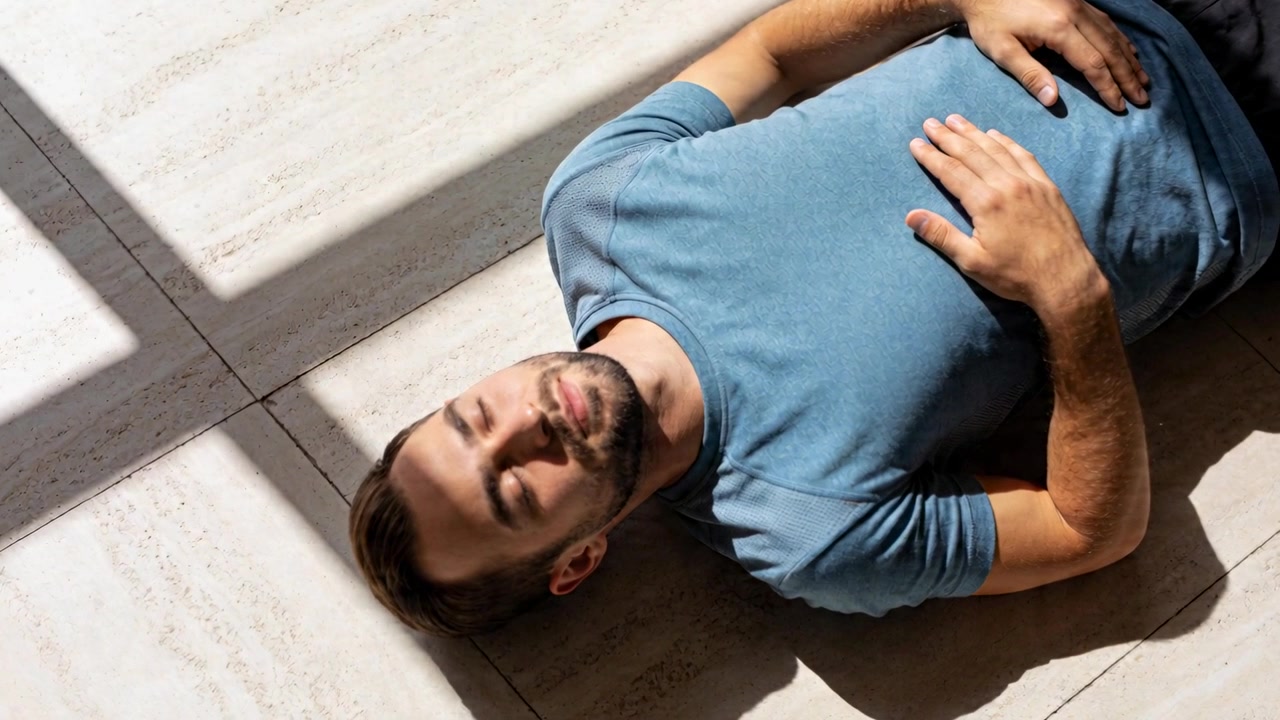 Lying man resting and sunbathing on tile floor as sunlight streaming through window in blue tee