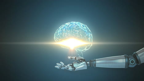 animation of digital human brain on robotic arm over lens flare against abstract background