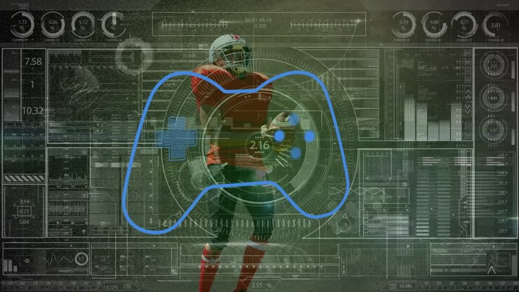 Animation of african american male rugby player and gampad icon over data processing