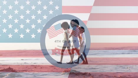 Animation-of-independence-day-text,-american-flags,-african-american-children-walking-on-beach