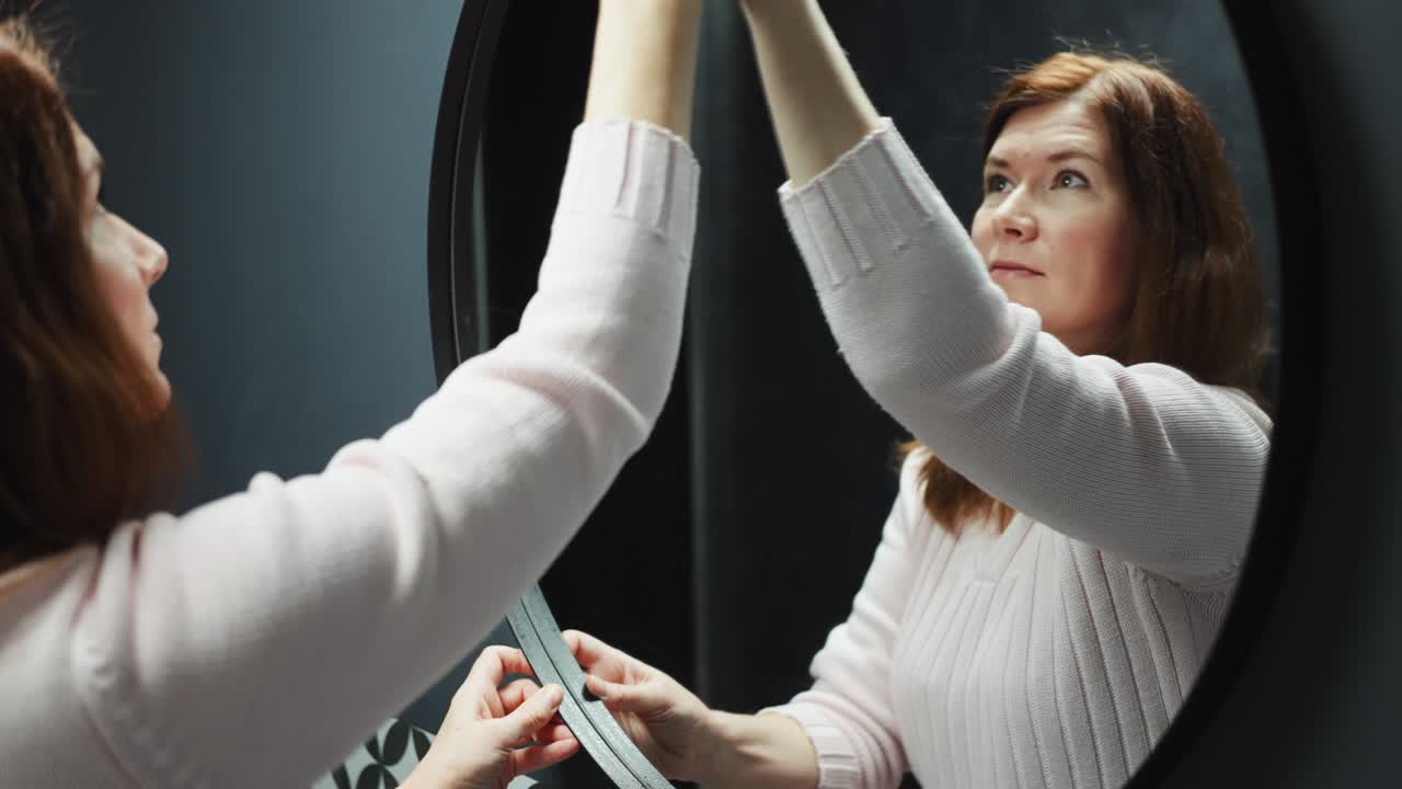 mujer sonriente limpiando el espejo en el baño
