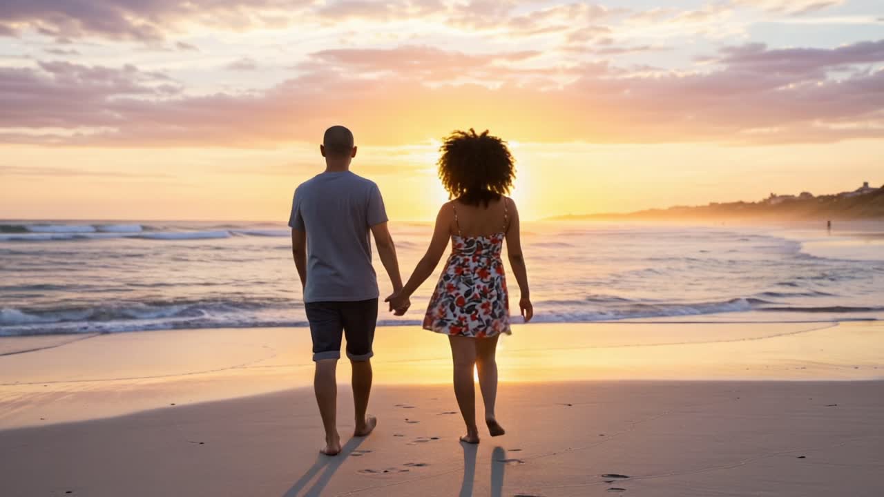 A Romantic Sunset Stroll: A Couple Walking Hand-in-Hand Along the Beach ...