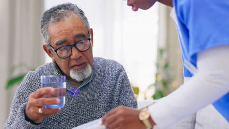 medicine, check and nurse with old man