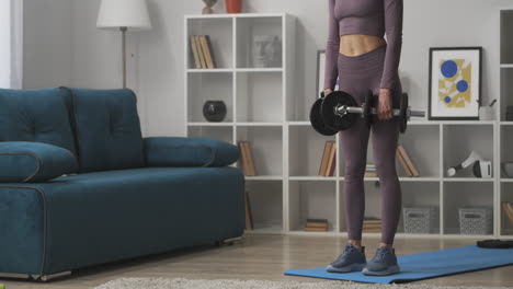 power training with dumbbells young woman is doing tilts in living room fitness at home healthy lifestyle and wellness caring about body shape