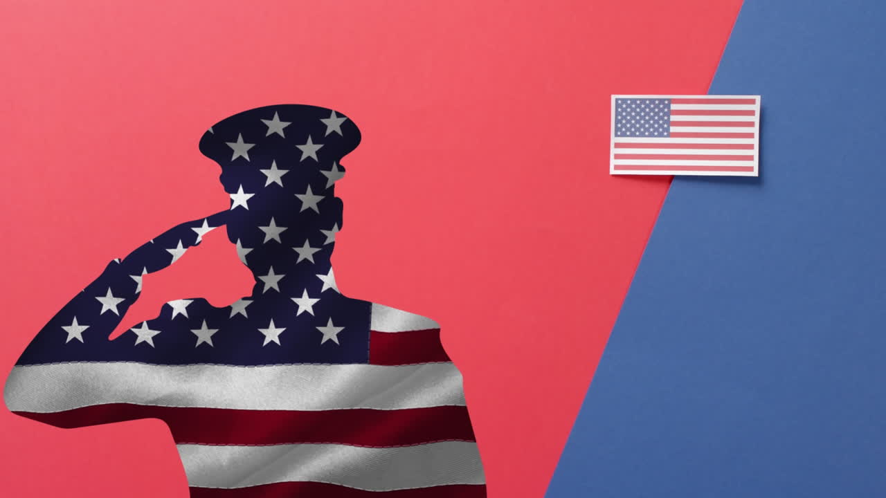 빨간색과 파란색 배경에 미합중국 발과 군인 인사 애니메이션