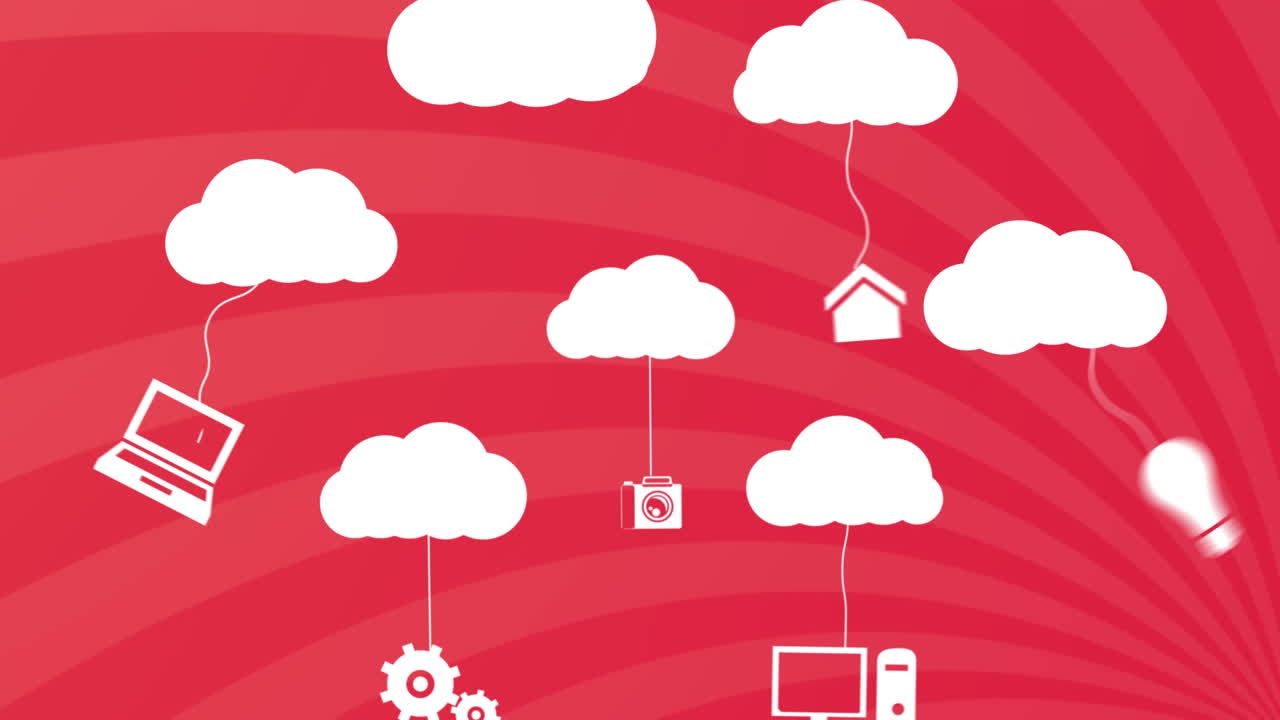 animación de múltiples iconos digitales vinculados a iconos de nubes contra un fondo radial rosado