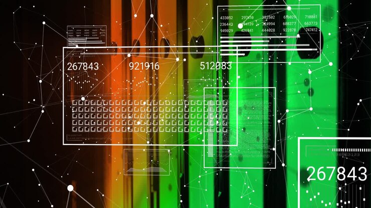 Animation of data processing and network of connections over server room