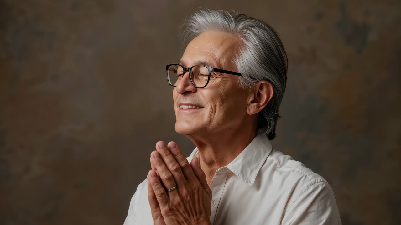 Camera cue starting senior man holding hands, reflecting in studio, white shirt, glasses and ring
