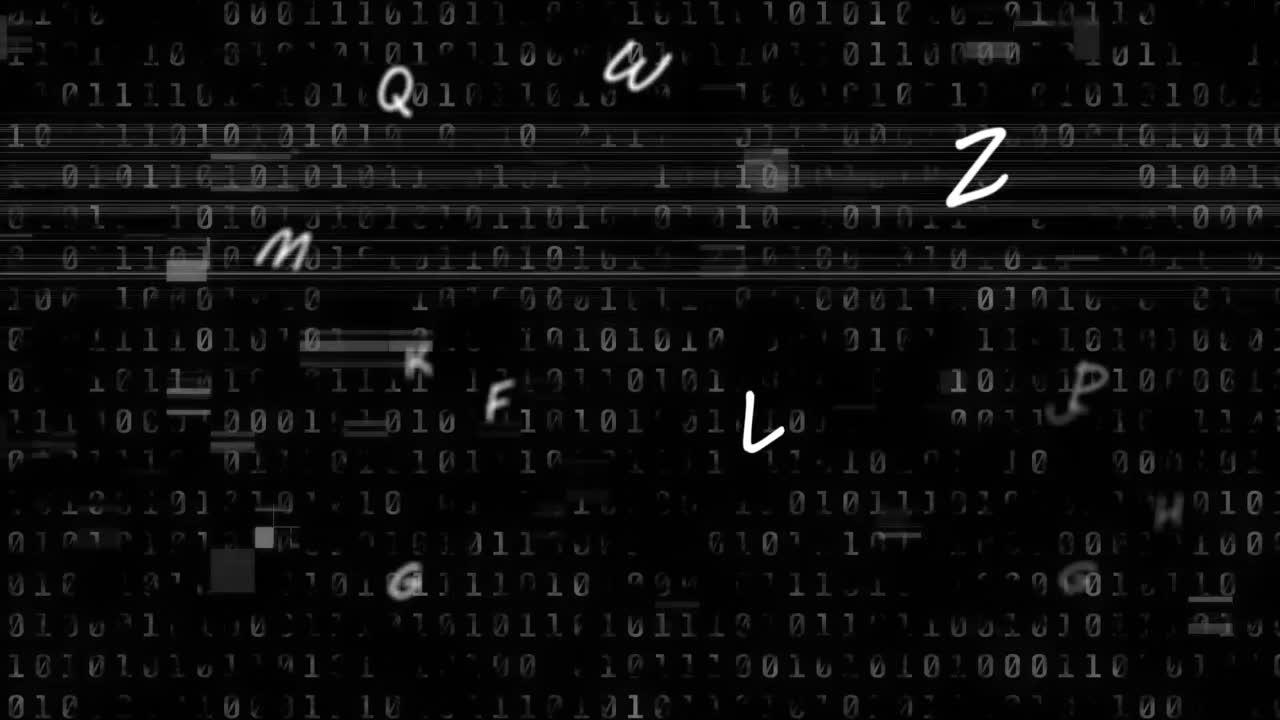 Animation of floating letters over scientific data processing on black background