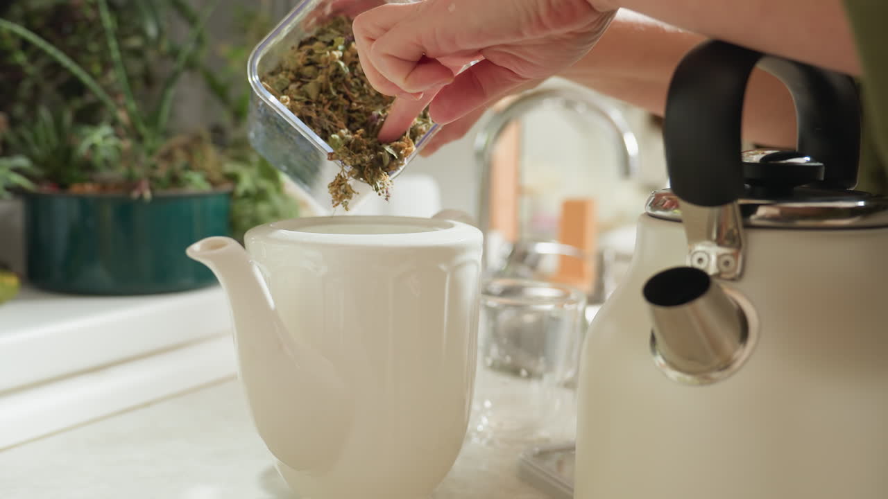 Side view of chef preparing herbal tea by pouring dried herbs into white ceramic mug in warm kitchen atmosphere with kettle nearby and potted plants in background