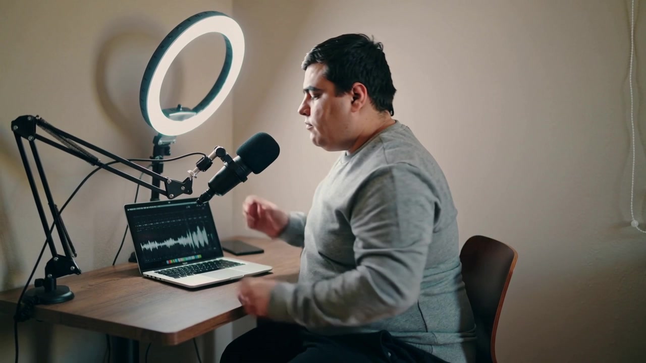 Uomo in felpa che visualizza la forma d'onda sul laptop, regola l'asta del microfono e controlla i livelli alla scrivania di casa, con un anello LED.