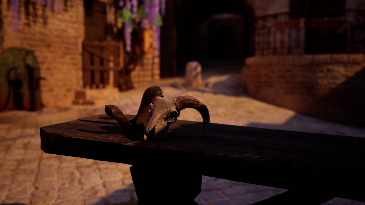 중세 마을 의 나무 벤치 에 있는 양 두개골