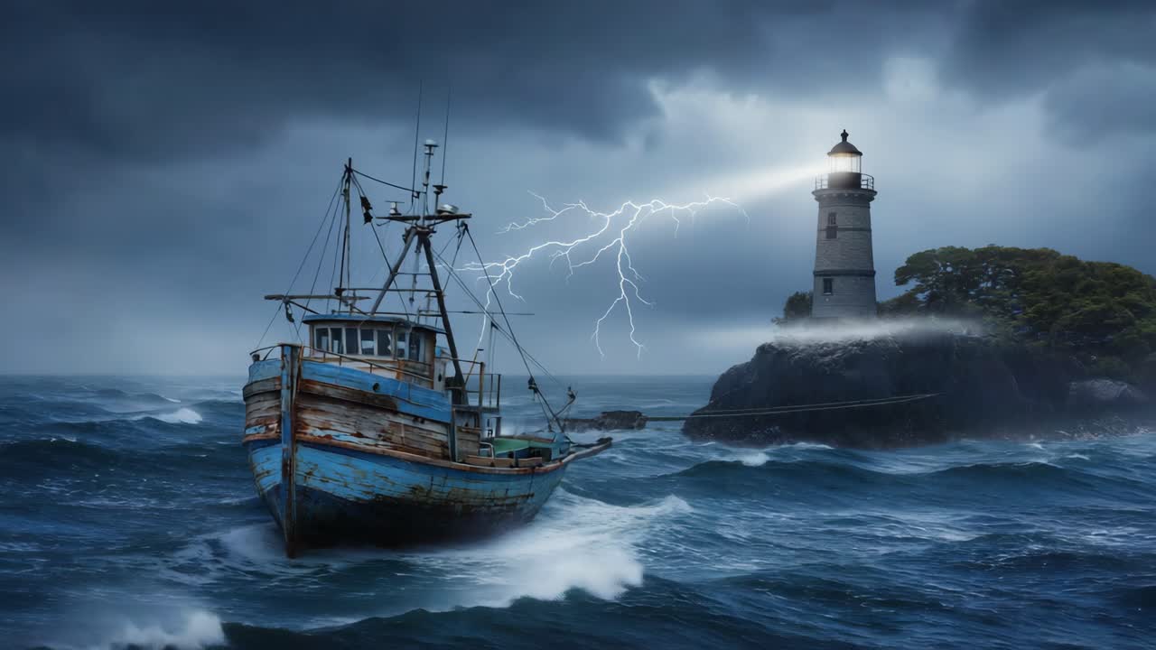 Lighthouse and Fishing Boat in a Storm