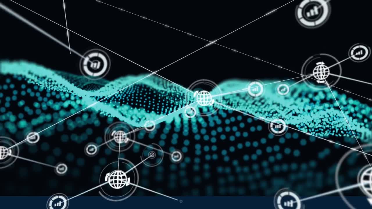Animation of network of connections with icons over glowing green mesh