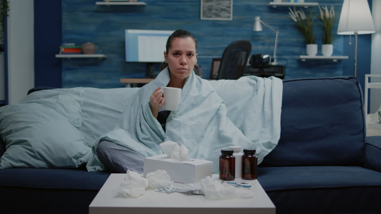 Donna con l'influenza che utilizza una videochiamata per una consulenza da remoto