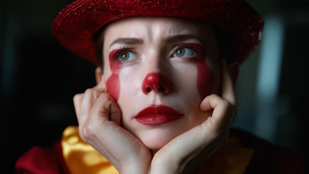 Ritratto emozionante di un clown: uno sguardo avvincente nell'anima dietro il trucco, che cattura un momento di riflessione e vulnerabilità in un mondo colorato
