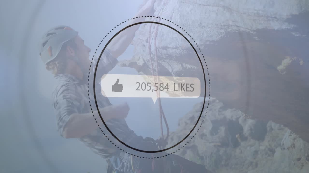 речевой пузырь с большим пальцем вверх иконка и увеличение числа против человека, поднимающегося на скалы