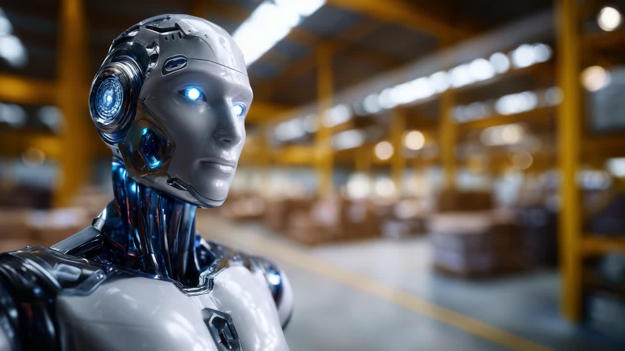 Figura robotica avanzata in un ambiente di magazzino high-tech, che mette in risalto il design futuristico e la tecnologia all'avanguardia per applicazioni industriali