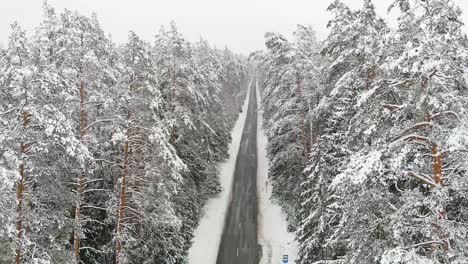 Winter-forest-covered-in-snow-and-endless-road,-low-altitude-aerial-view