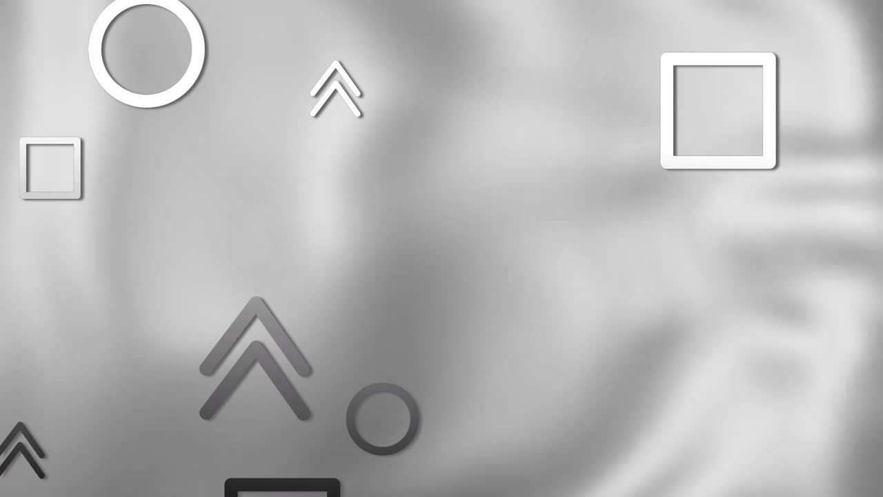 회색 흐릿한 배경 위에 떠다니는 십자가, 셰브론, 사각형 및 원의 애니메이션