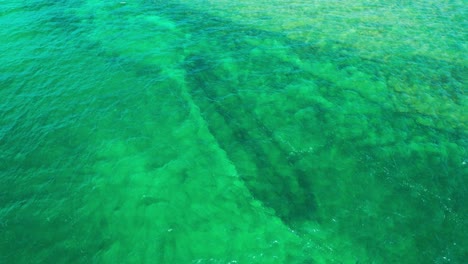 Aerial-view-looking-into-the-water-at-a-shipwreck-in-door-county,-Wisconsin