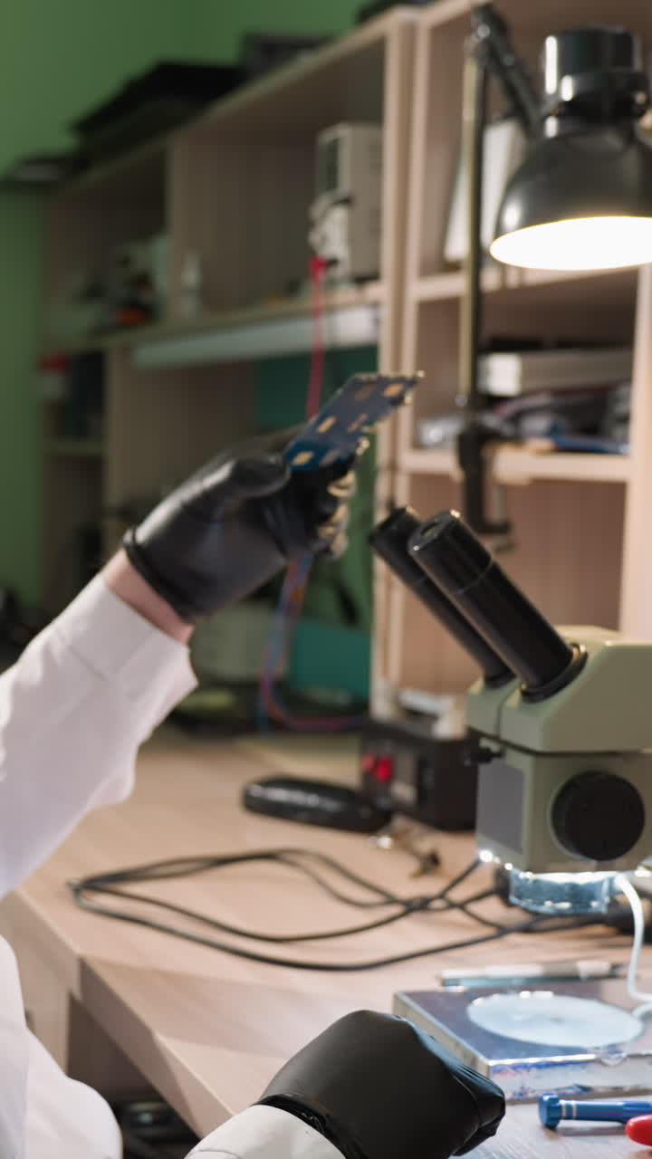una vista de cerca de un técnico en una bata de laboratorio blanca inspeccionando una placa de circuito, ambos usando el técnico examina la placa de circuito bajo un microscopio, con varias herramientas alrededor