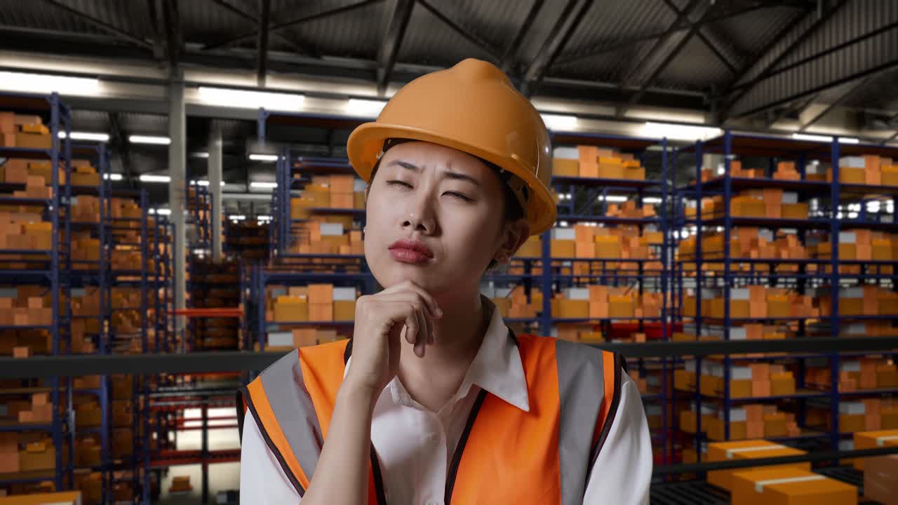 안전 헬을 입은 아시아 여성 엔지니어가 배달 물품으로 가득 찬 선반과 함께 창고에 서서 무언가를 생각하고 창고에서 주변을 둘러보고 있습니다.