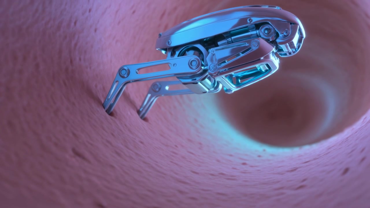 Entering upper right, chrome probe crawling through pink tunnel, extending legs seeking teal cavity