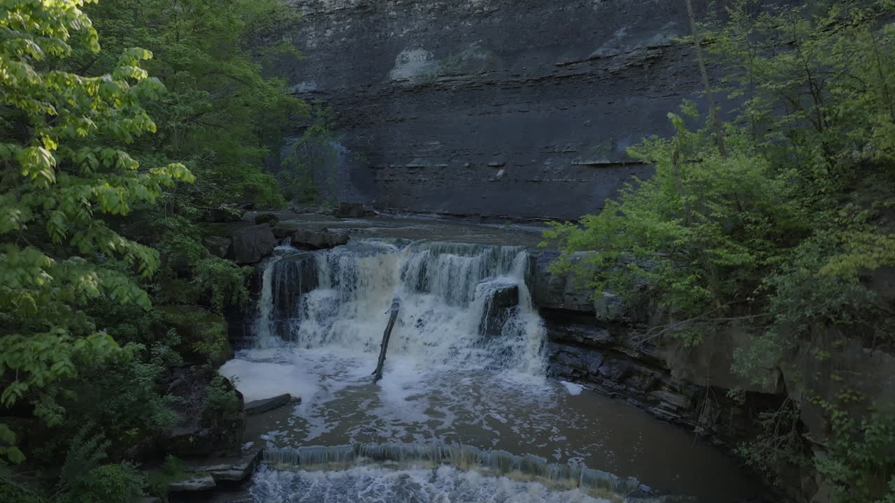 Flowing waterfall with lush greenery surrounding the scene, capturing the natural beauty of Rockway Falls in Ontario, Canada