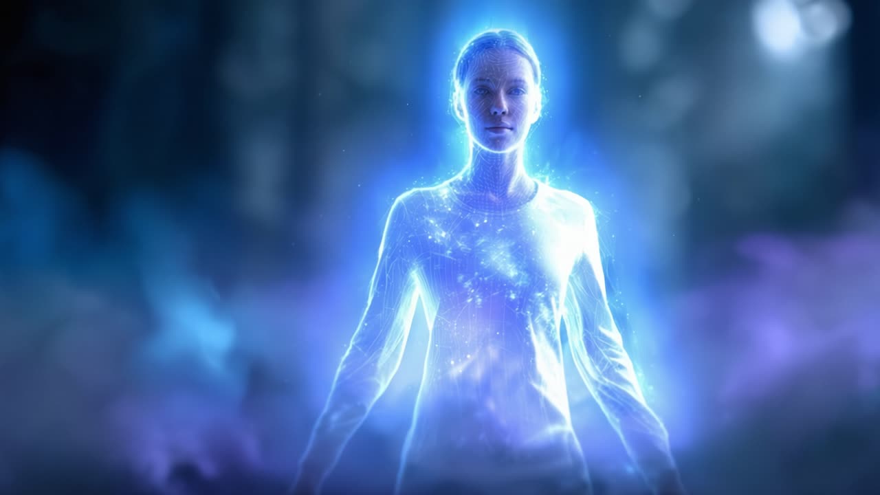 Una figura mistica circondata da luce eterea ed energia cosmica, che irradia un'aura sbalorditiva in un ambiente onirico pieno di mistero e meraviglia.